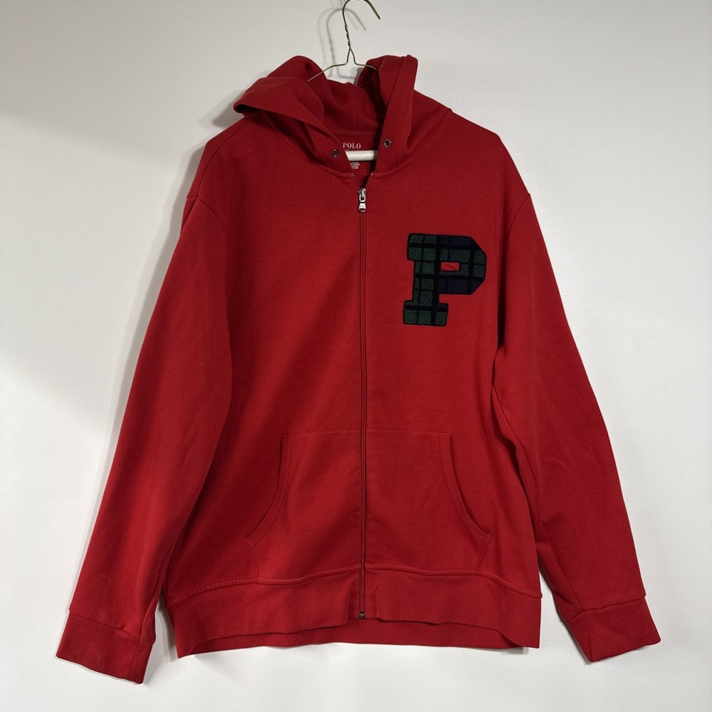 POLO RALPH LAUREN CHENILLE BLACKWATCH P PATCH XL FULL ZIP HOODIE RED Varsity